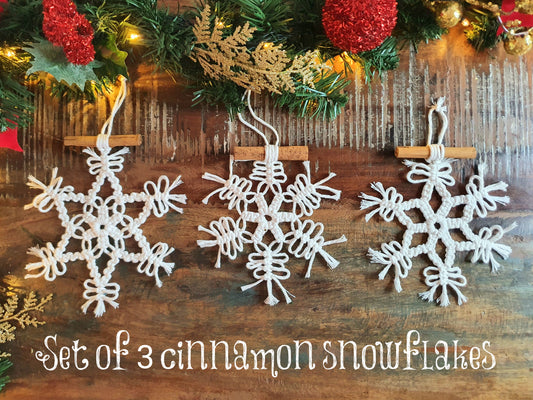 Set of 3 cinnamon snowflakes, chrismas macrame white tree ornament decor minimalist stocking stuffer filler secret santa boho bauble hanging