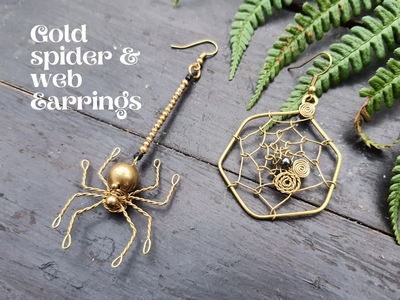 SPIDER & web HALLOWEEN EARRINGS, gold brass wire spooky costume earrings hematite crystal supernatural Autumn Fall earrings