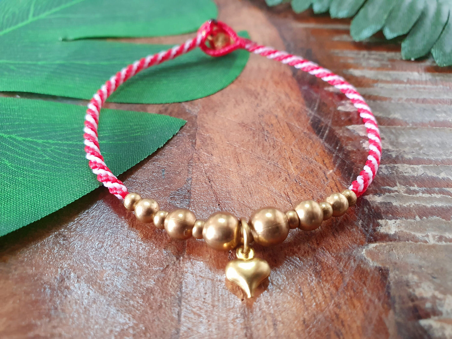 Valentines heart bracelet, gold heart charm bracelet, kids custom colour macrame, gold bead friendship bracelet, kids gift for valentines