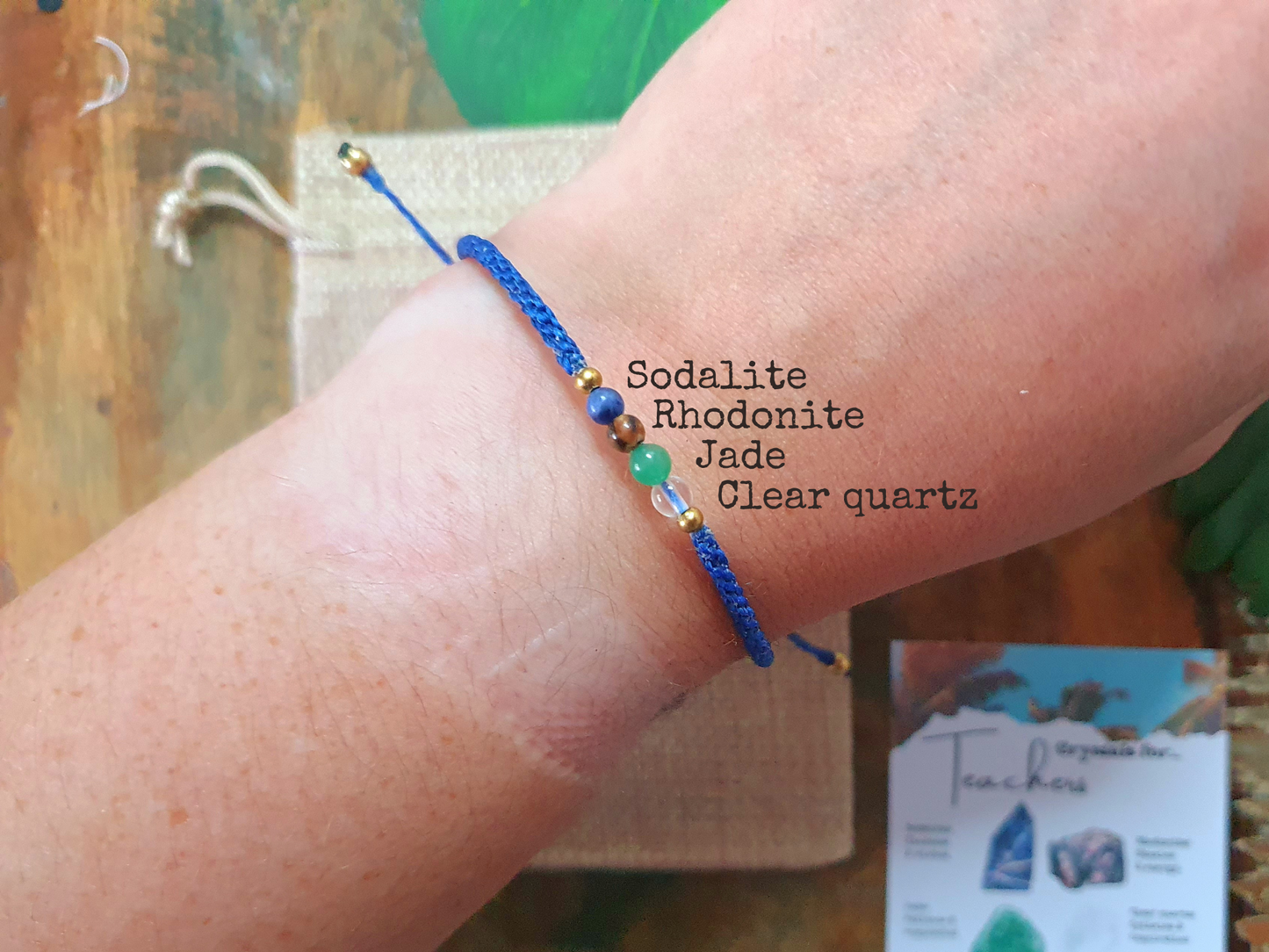 Teachers gift, Crystals for teachers, gift for school staff, end of term, TA, nursery key worker, tutors, bracelet for carers, personalised teacher gift, sodalite rhodonite jade clear quartz bracelet