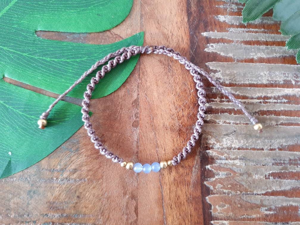 Blue agate crystal bracelet, adjustable grey silver macrame boho gemstone shamballa tribal waterproof gift for men women cord anniversary