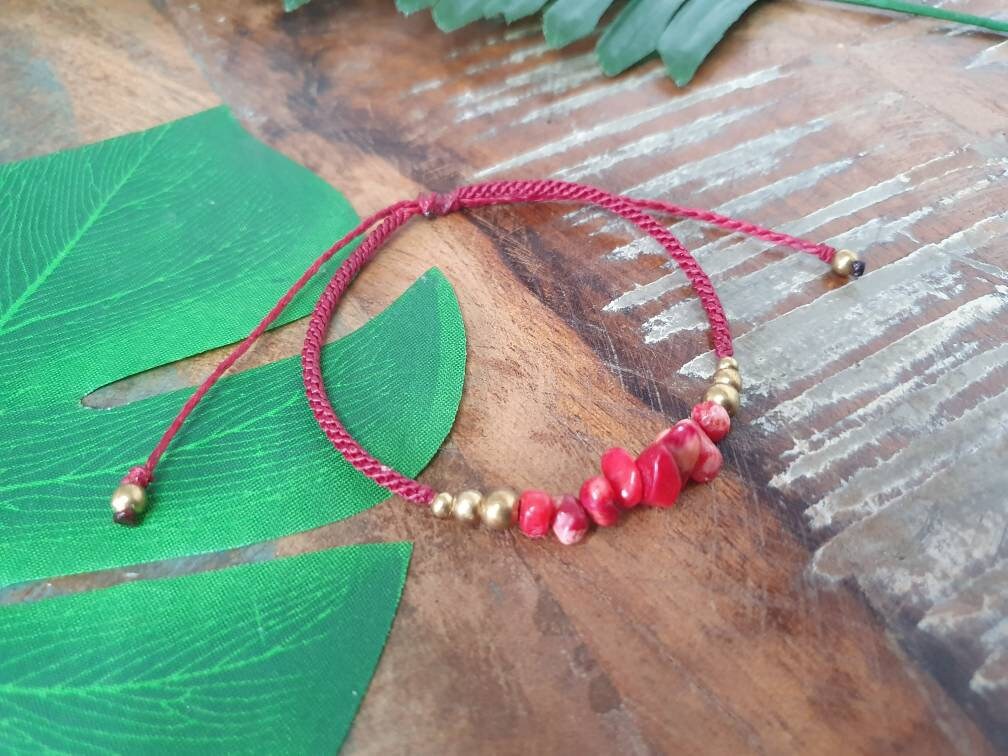 Red howlite crystal bracelet, adjustable dark red macrame boho gemstone base chakra tribal waterproof gift for men women cord anniversary