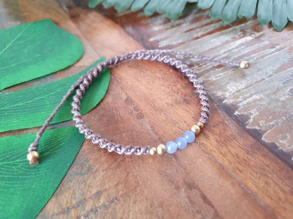 Blue agate crystal bracelet, adjustable grey silver macrame boho gemstone shamballa tribal waterproof gift for men women cord anniversary