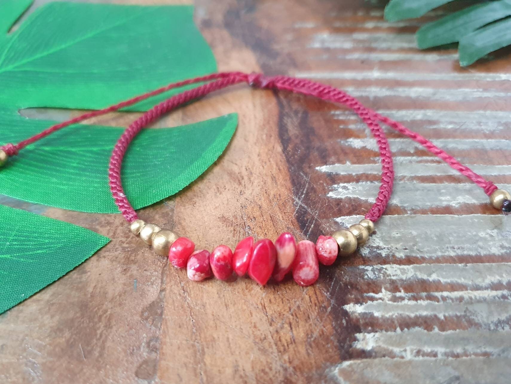 Red howlite crystal bracelet, adjustable dark red macrame boho gemstone base chakra tribal waterproof gift for men women cord anniversary