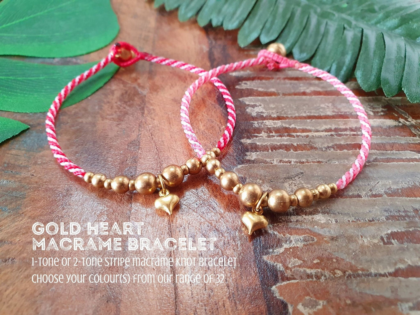 Valentines heart bracelet, gold heart charm bracelet, kids custom colour macrame, gold bead friendship bracelet, kids gift for valentines