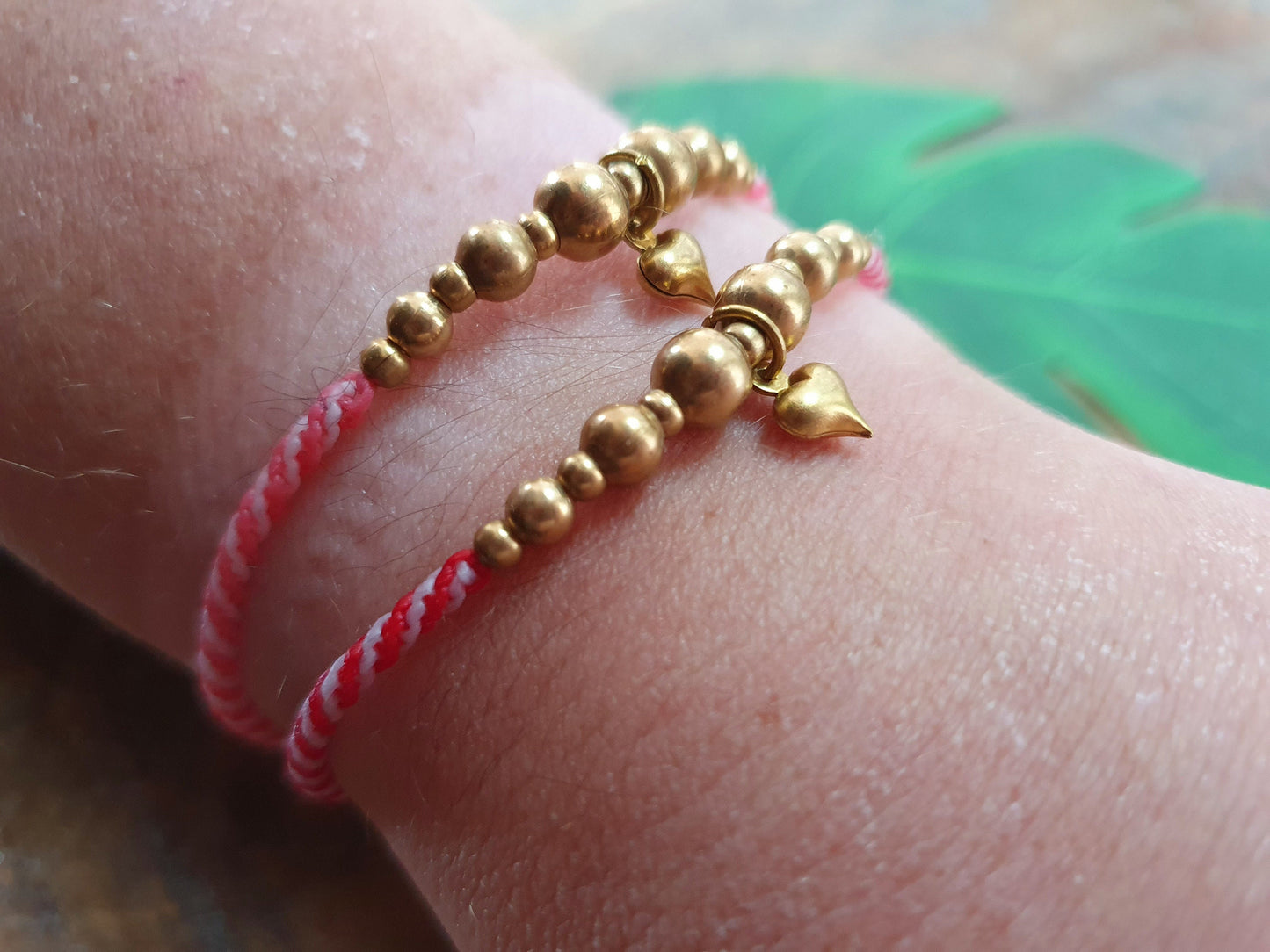 Valentines heart bracelet, gold heart charm bracelet, kids custom colour macrame, gold bead friendship bracelet, kids gift for valentines